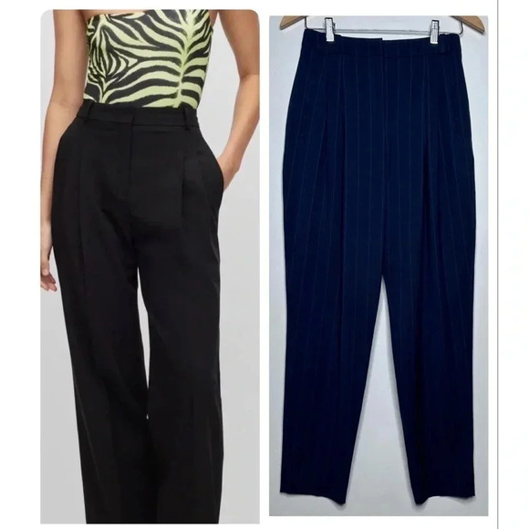 Hugo Boss Navy Pinstripe Ultra High-Rise Pleated Front Tapered Pants Size 2 - Picture 1 of 11